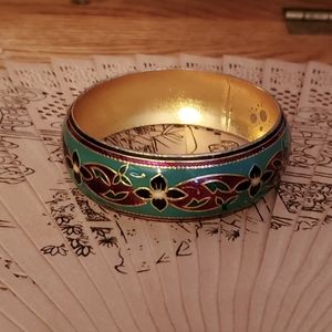 Vintage Enamel Floral Gold Tone Bangle Bracelet
